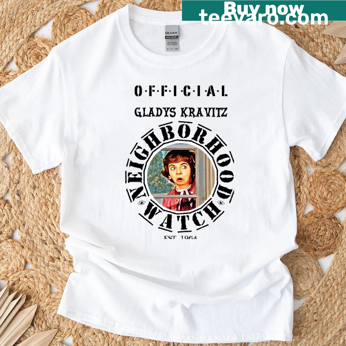 Whimsical Gladys Kravitz illustration from Bewitched on T-shirt — on a men's t-shirt