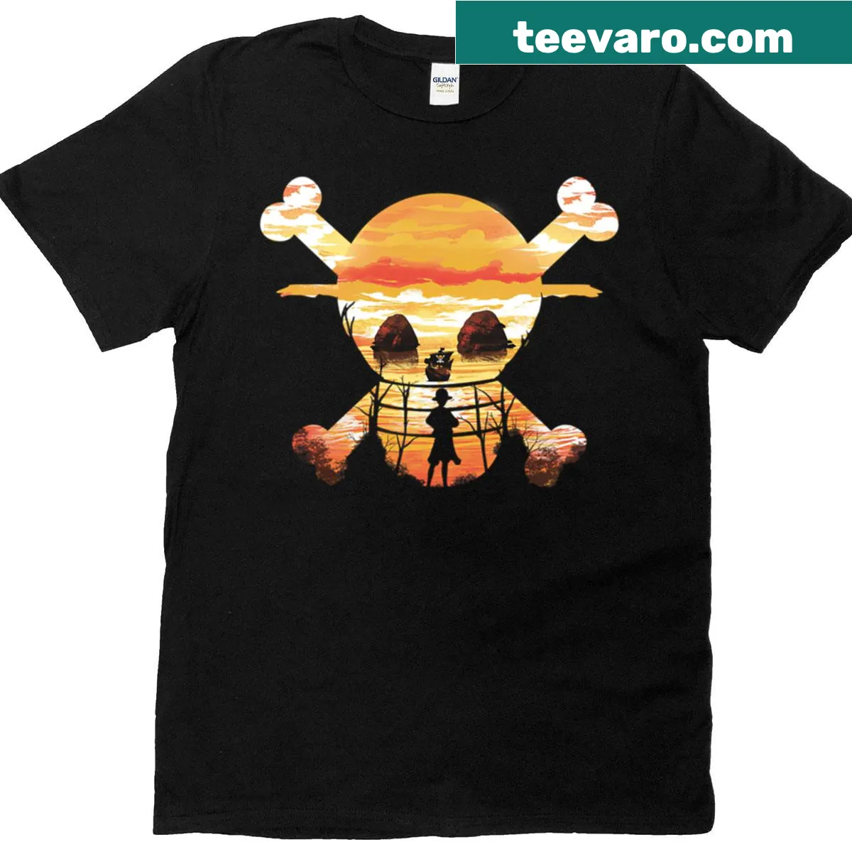 One Piece anime T-shirt featuring Straw Hat Crew characters — on a men's t-shirt