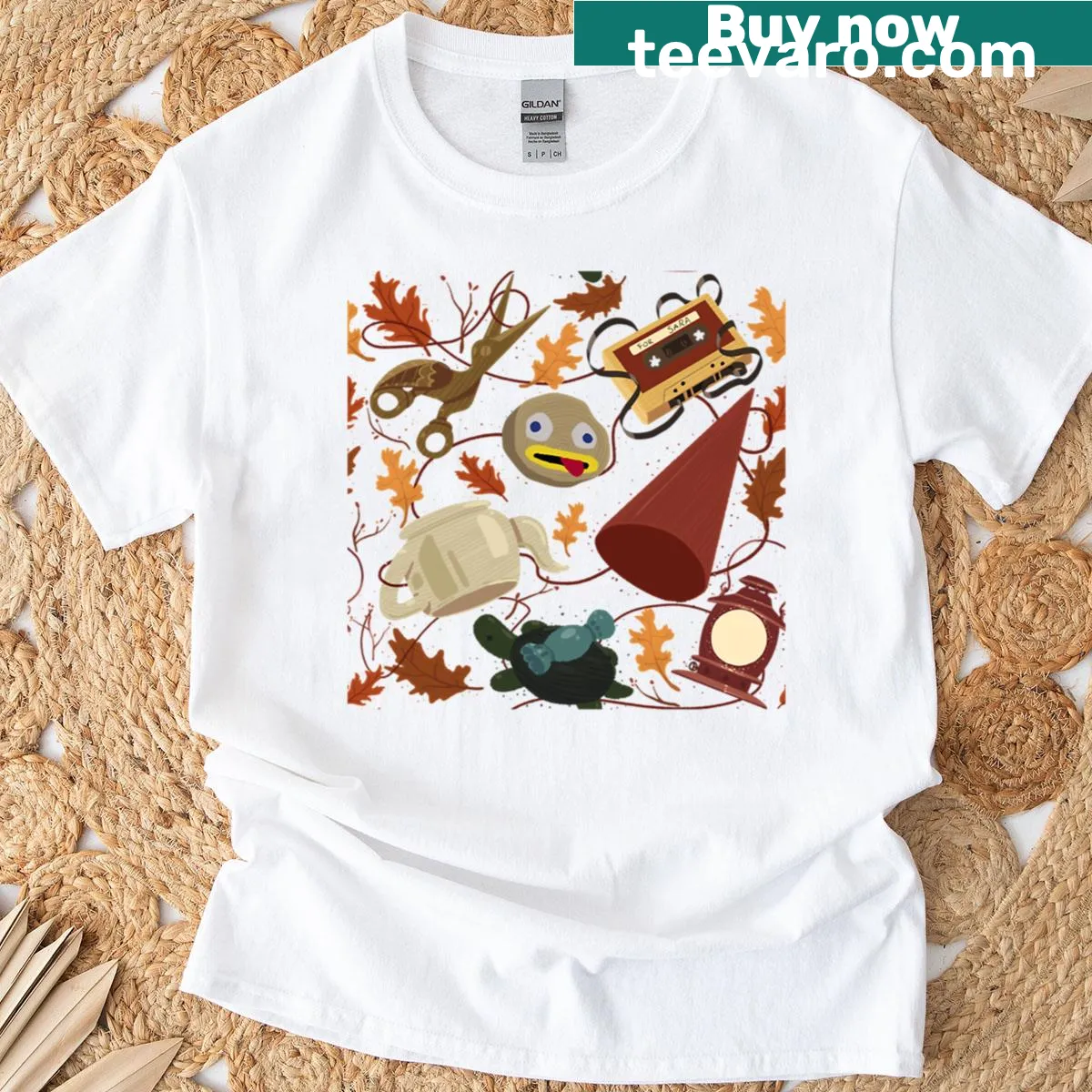 Whimsical garden wall pattern T-shirt with nature illustrations — on a men's t-shirt