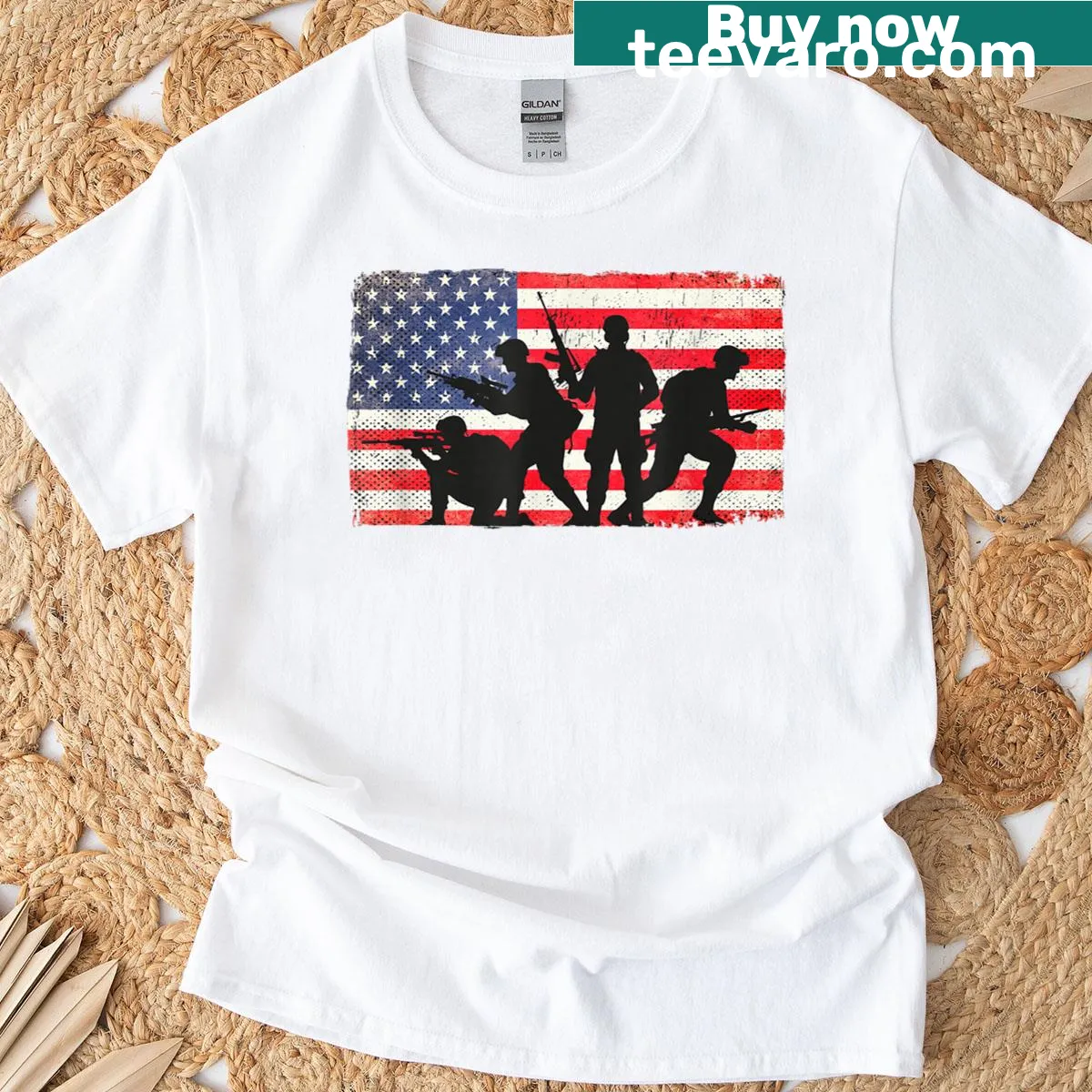 Patriotic military veteran t-shirt with US flag design — on a men's t-shirt