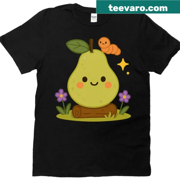 Whimsical T-shirt featuring a pear and caterpillar in a garden illustration