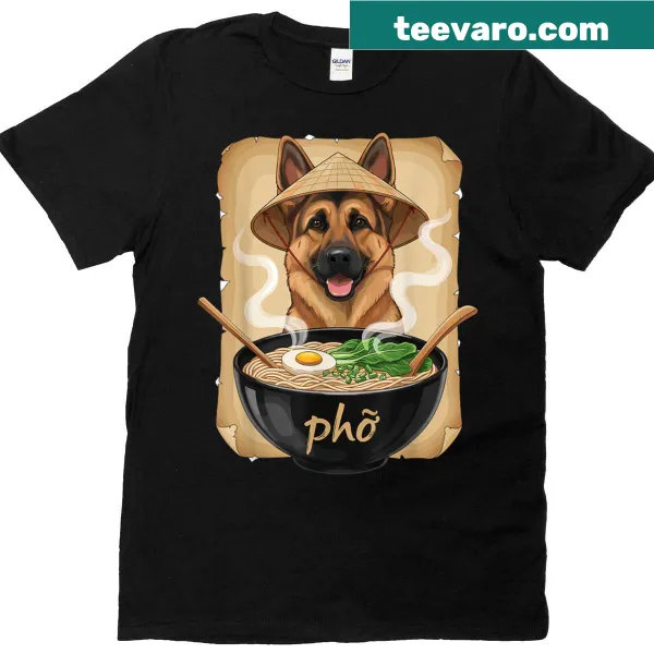 Graphic of a German Shepherd in a noodle bowl on a t-shirt
