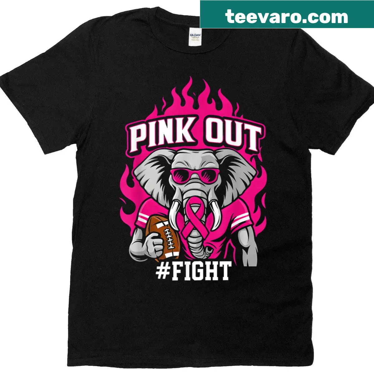 Illustrated elephant design supporting breast cancer awareness on a football t-shirt — on a men's t-shirt