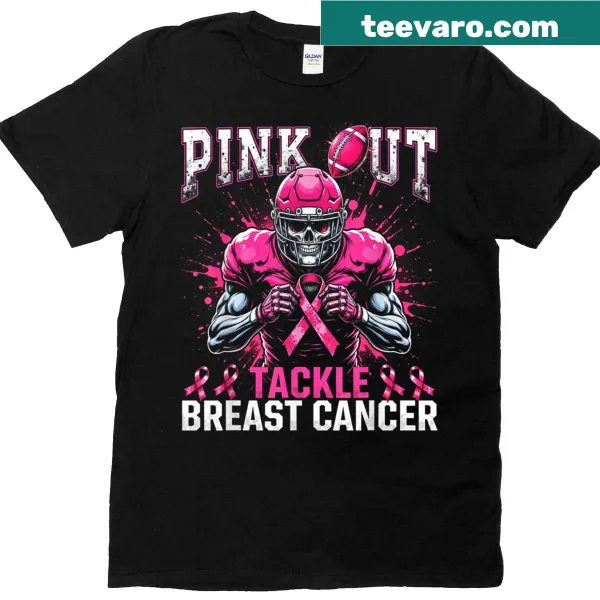 Illustration of a skeleton playing football for breast cancer awareness.