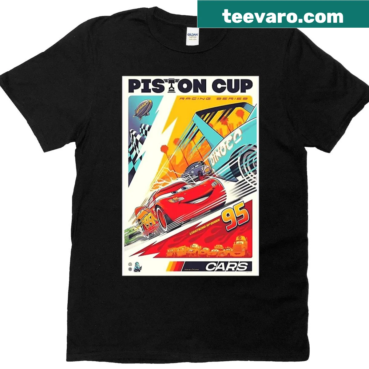 Racing-themed T-shirt featuring Piston Cup Cars design — on a men's t-shirt