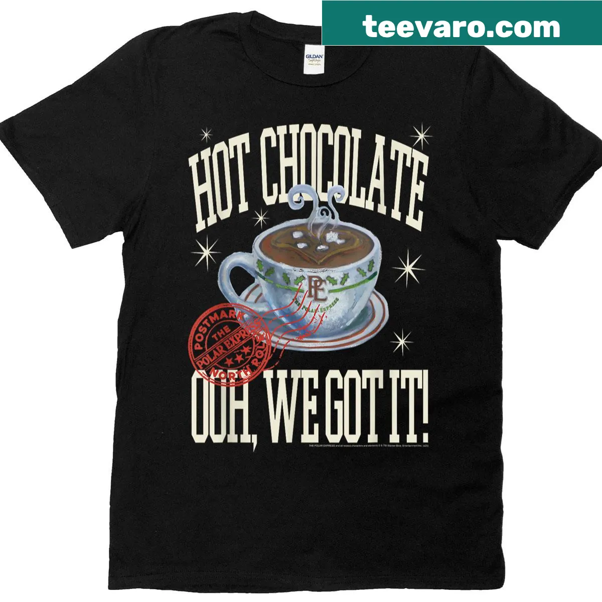 T-shirt with a holiday-themed illustration of hot chocolate from Polar Express — on a men's t-shirt