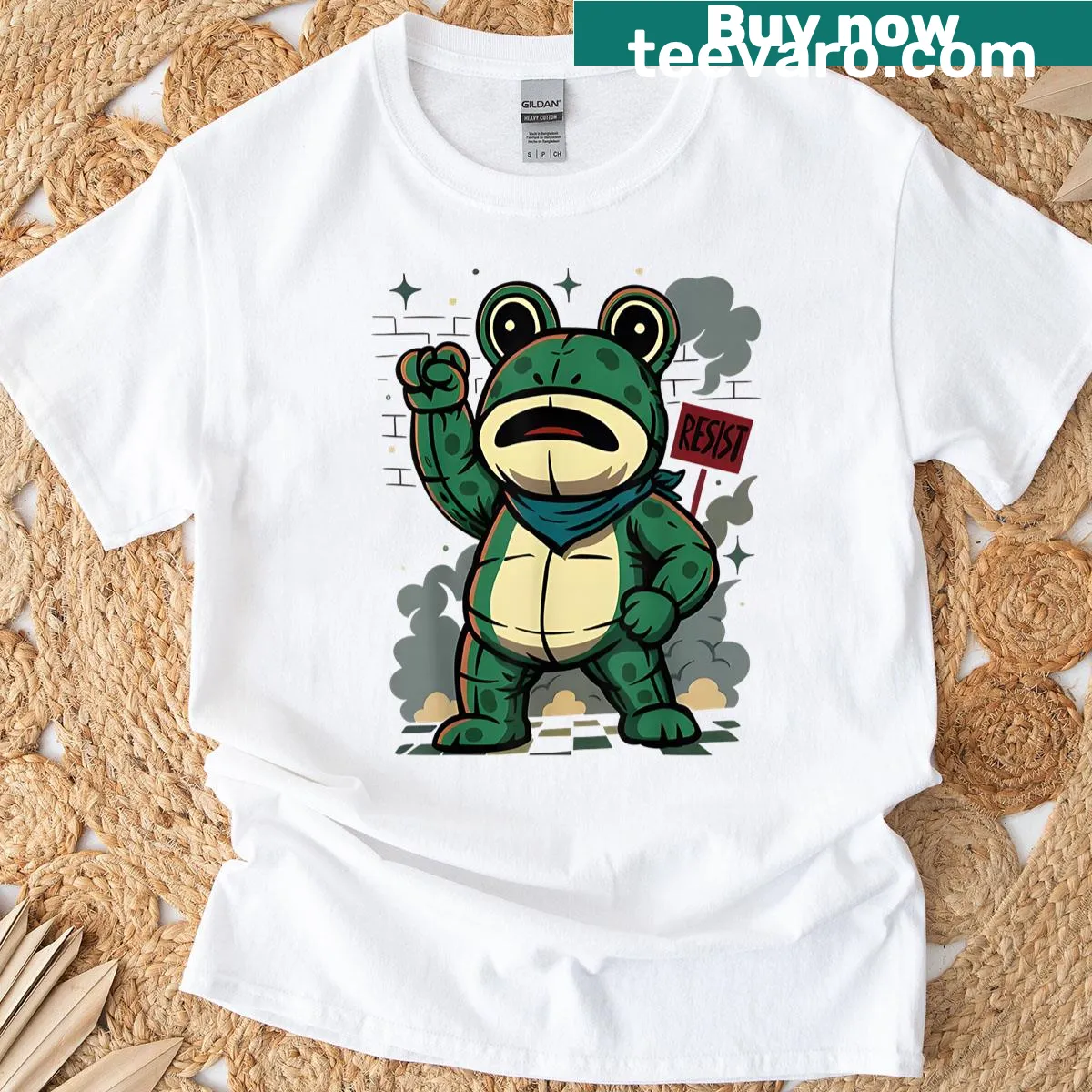Cartoon frog with protest signs on a T-shirt — on a men's t-shirt