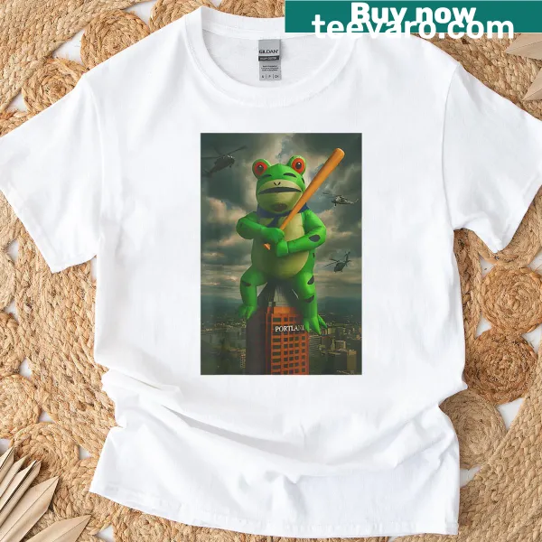 Playful frog graphic t-shirt representing Portland city art