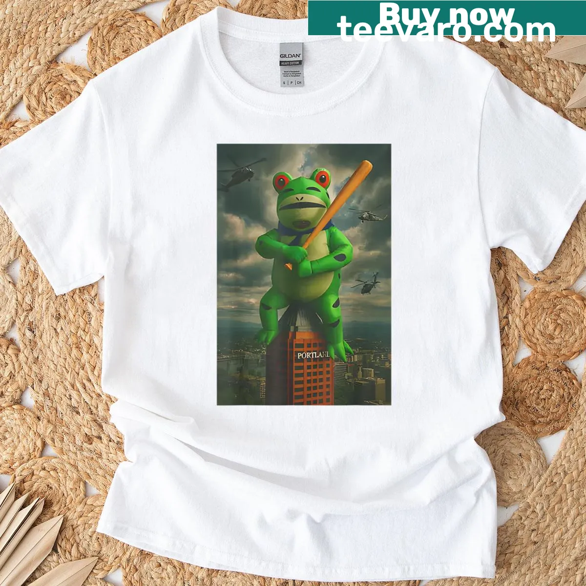 Playful frog graphic t-shirt representing Portland city art — on a men's t-shirt