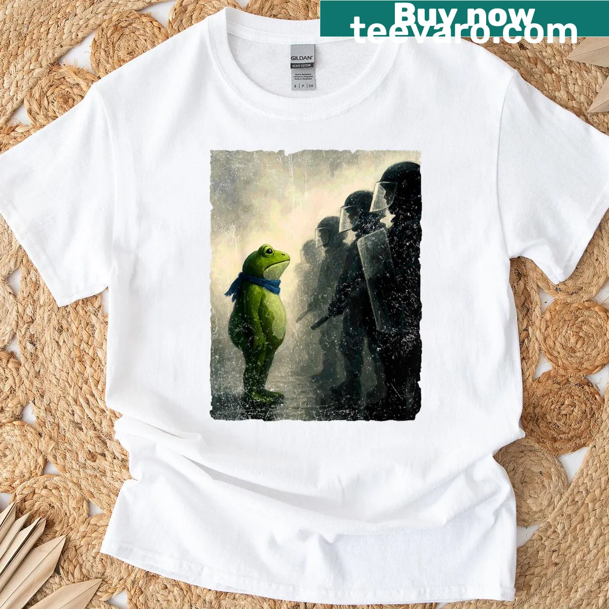 Whimsical frog illustration promoting a cause on a t-shirt — on a men's t-shirt