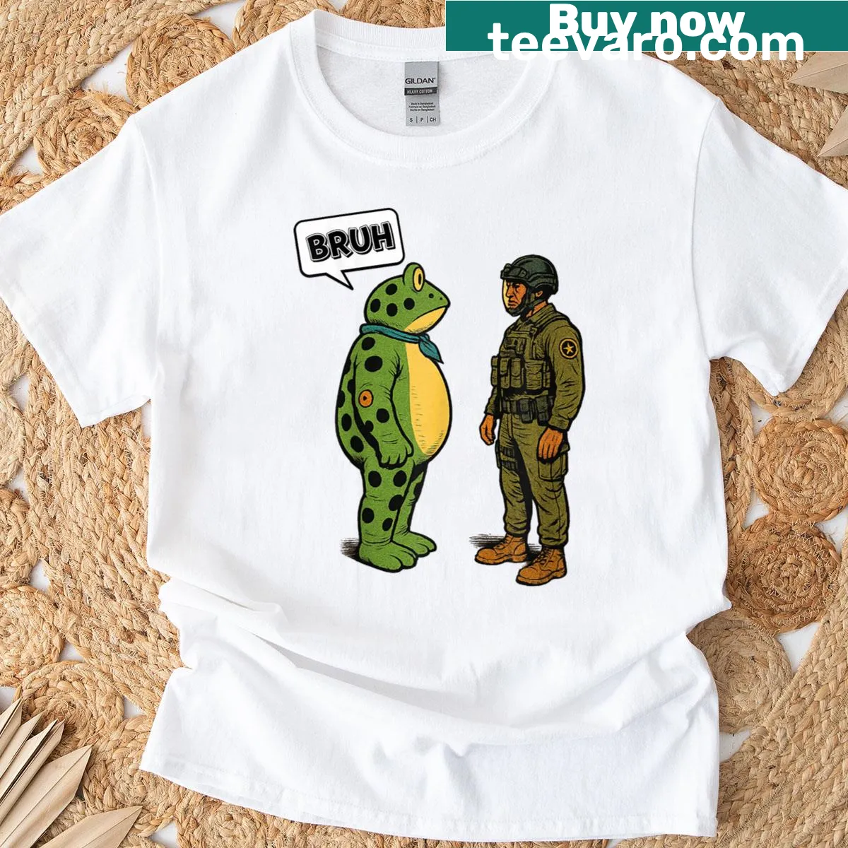 Humorous frog protest graphic on a casual t-shirt — on a men's t-shirt