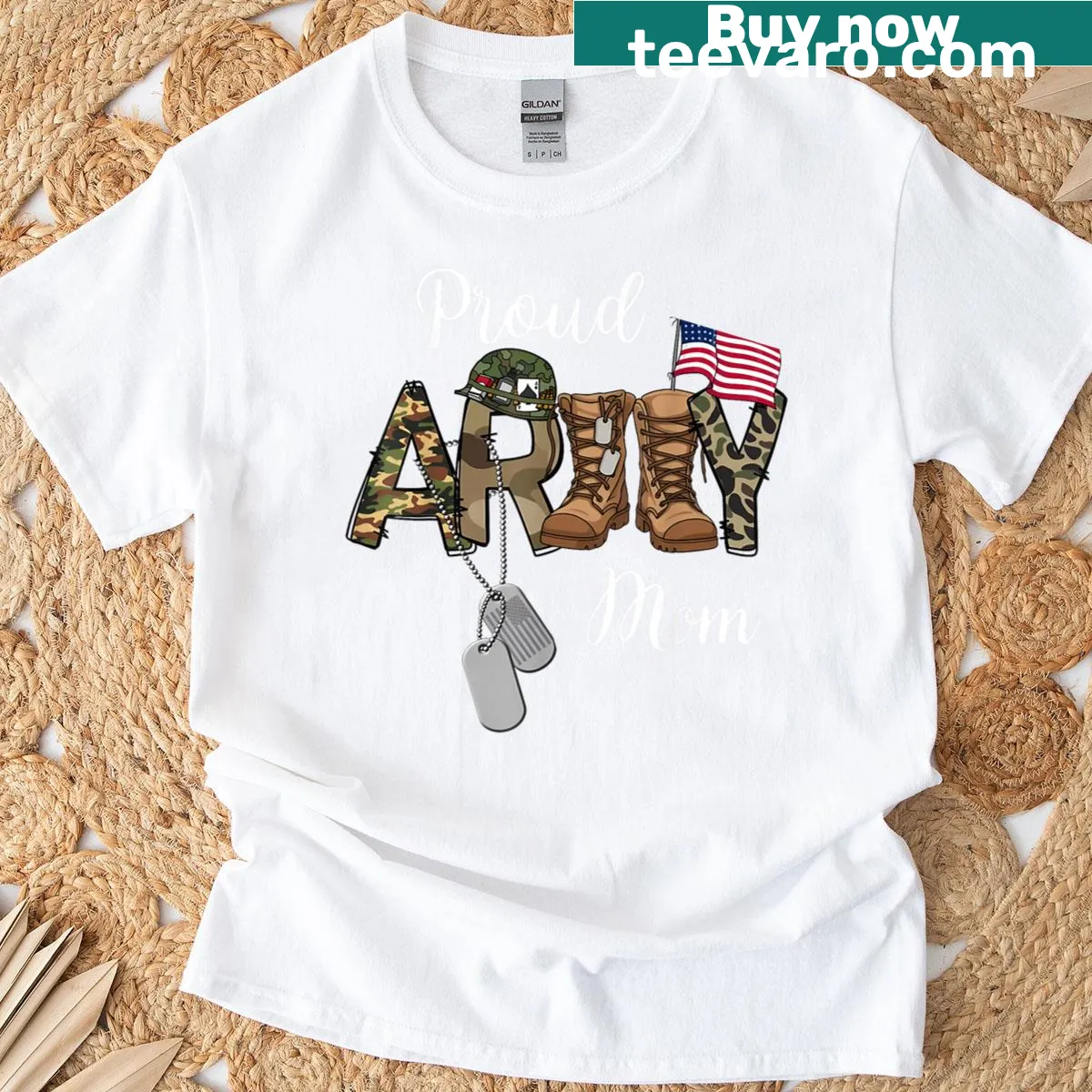 T-shirt for Army moms featuring military dog tag and camo design — on a men's t-shirt