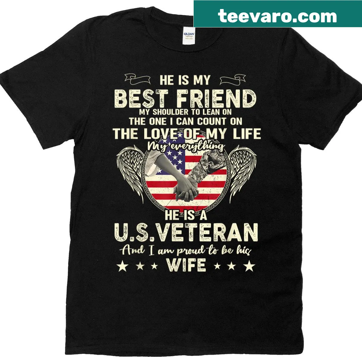 T-shirt honoring a U.S. veteran with loving sentiment from their wife. — on a men's t-shirt