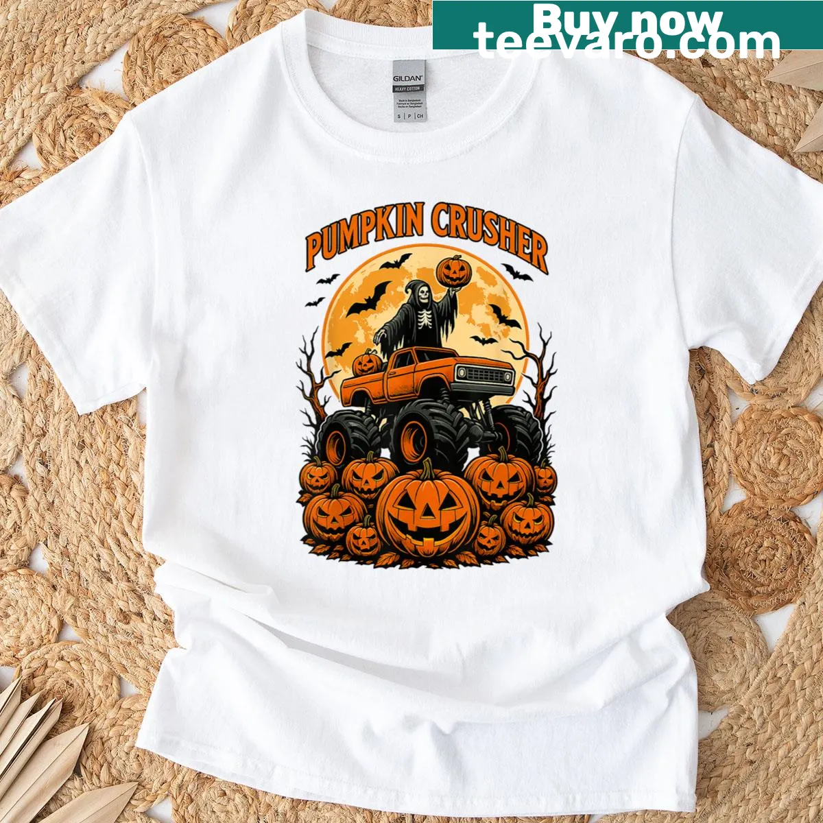 Halloween-themed T-shirt with monster truck and ghosts design — on a men's t-shirt