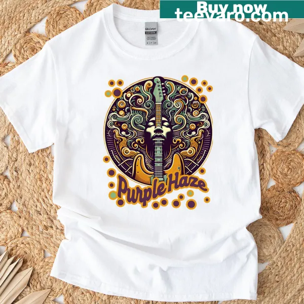 Playful pop-art shirt featuring the phrase 'Purple Haze Electric Soul' in vibrant typography.