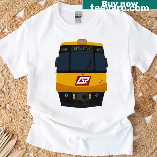 Cartoon emu graphic on a Queensland Rail themed t-shirt