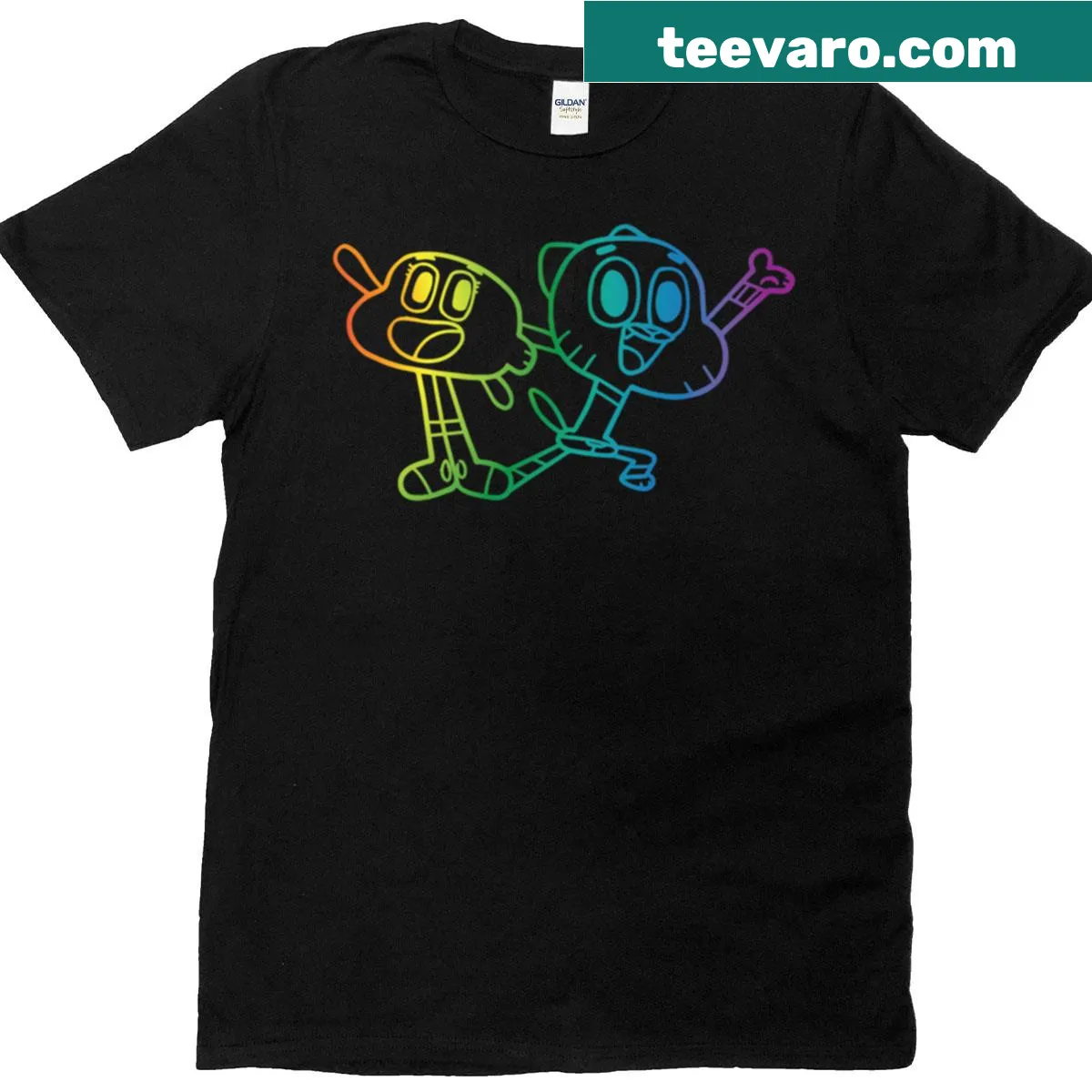 Colorful characters from the Amazing World of Gumball — on a men's t-shirt
