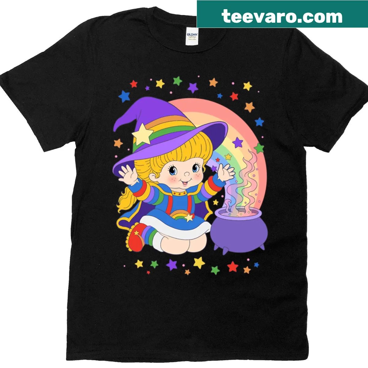 Illustration of a rainbow witch with stars on t-shirt — on a men's t-shirt