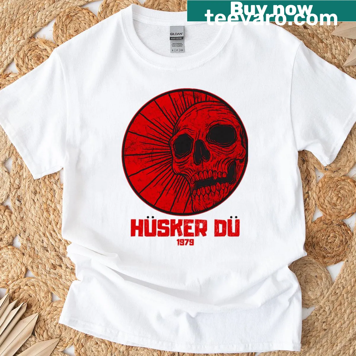 Vintage vibes T-shirt featuring a red skull design inspired by Husker Du. — on a men's t-shirt