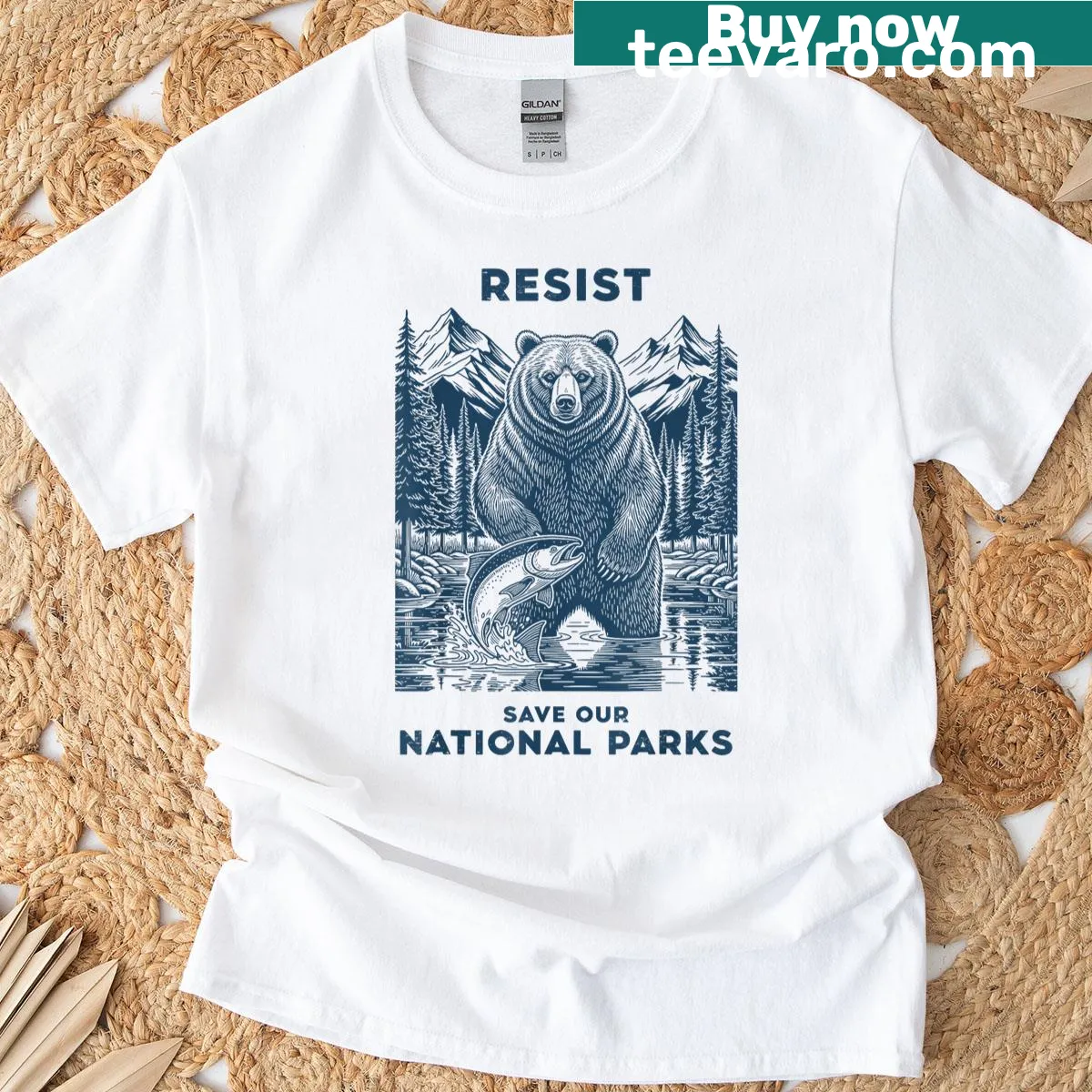 Nature T-shirt with bear graphic and 'Resist Save Our Parks' text — on a men's t-shirt