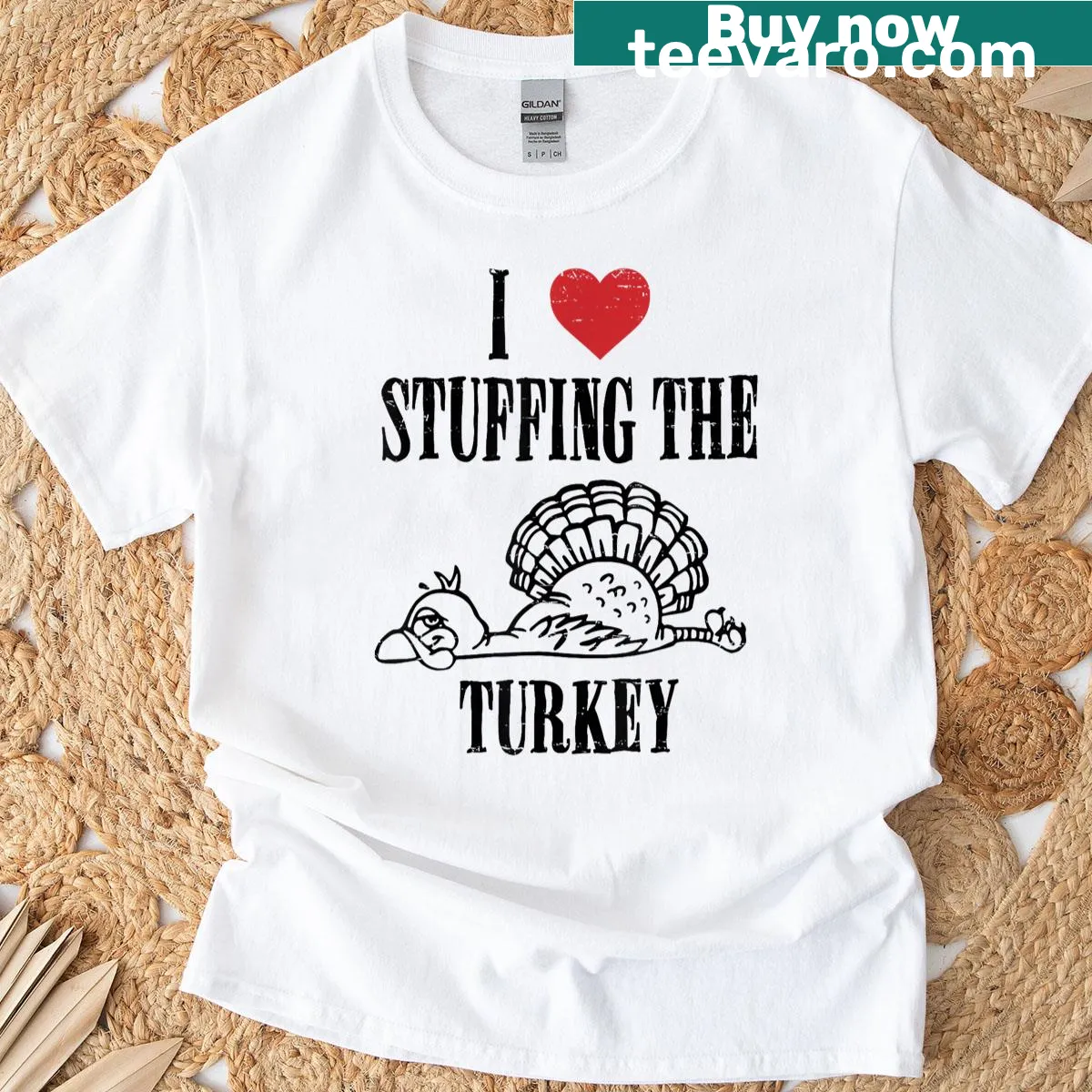 Funny Thanksgiving t-shirt with 'I Love Stuffing' in playful typography — on a men's t-shirt