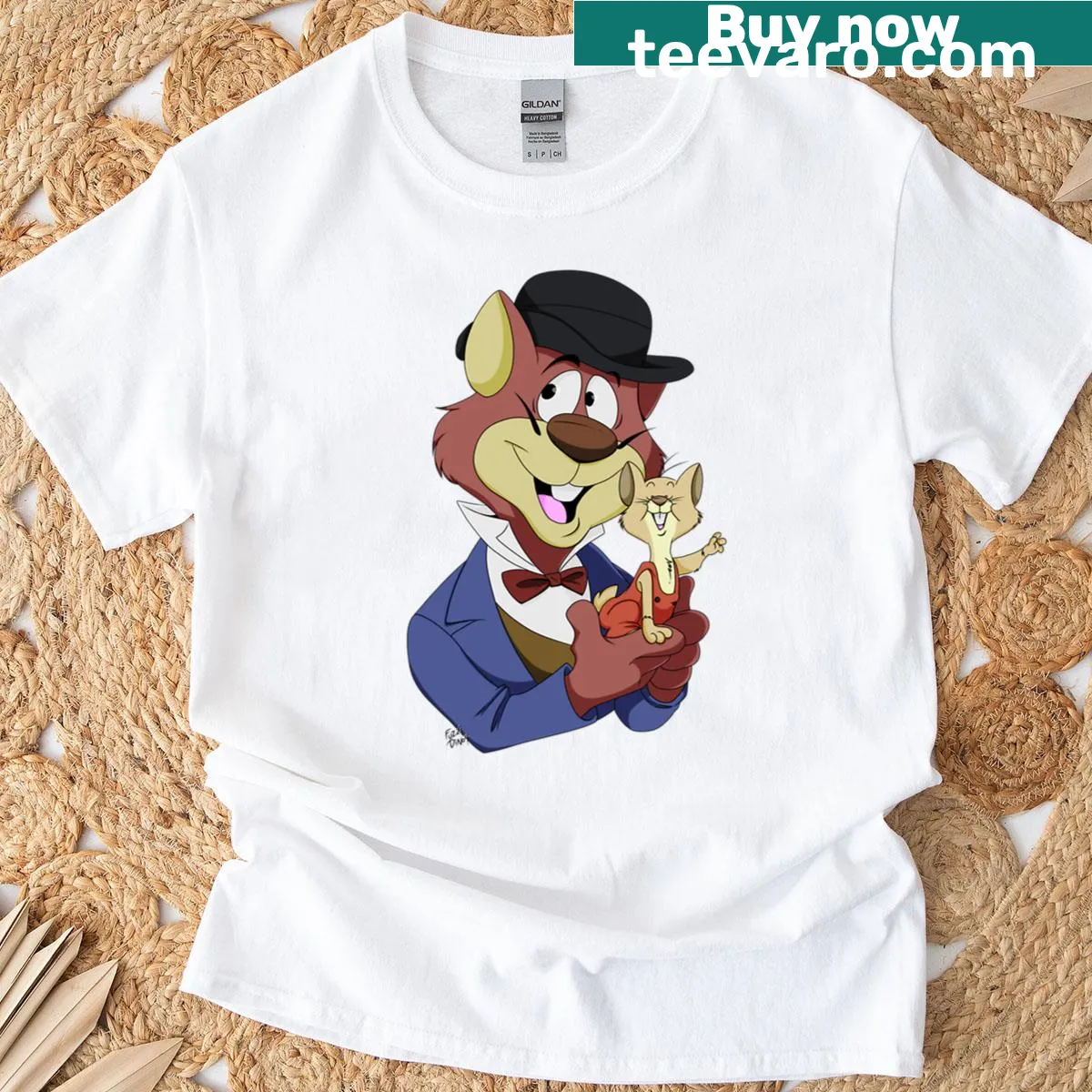 Playful graphic of Rigodon and Tico on T-shirt — on a men's t-shirt