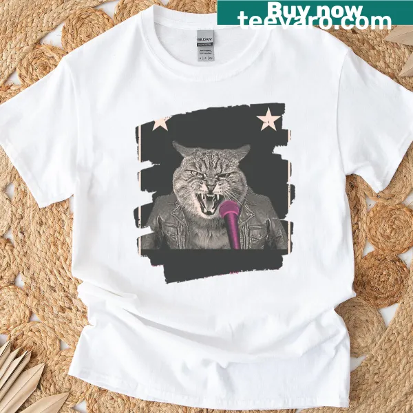 Funny vintage-style t-shirt featuring a rockstar cat with a microphone.