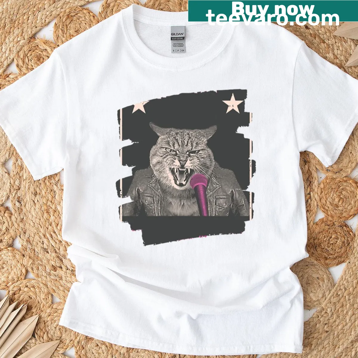 Funny vintage-style t-shirt featuring a rockstar cat with a microphone. — on a men's t-shirt