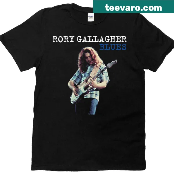 Rory Gallagher graphic on a blue t-shirt celebrating the musician