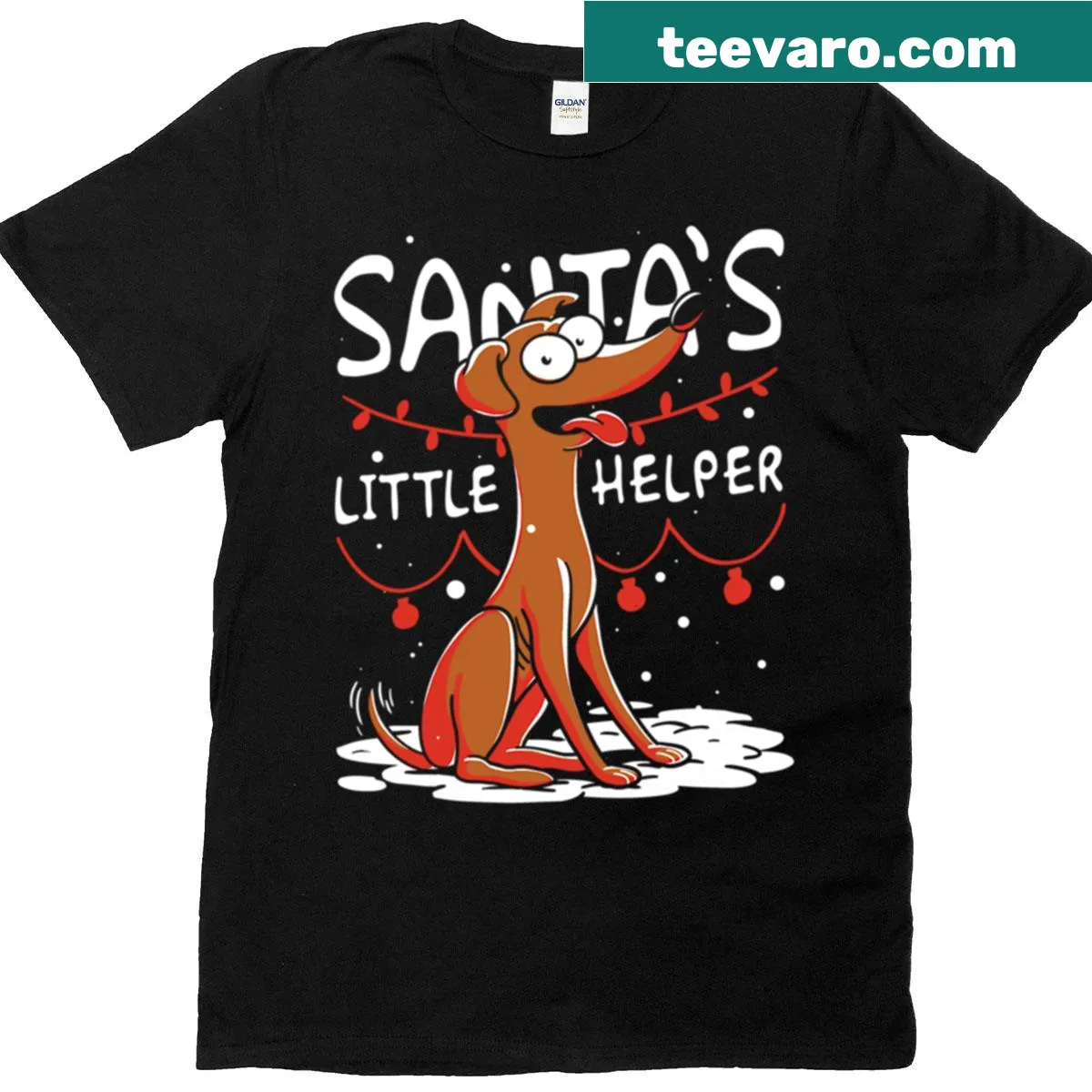 Santa with a dog graphic on a Christmas-themed t-shirt — on a men's t-shirt