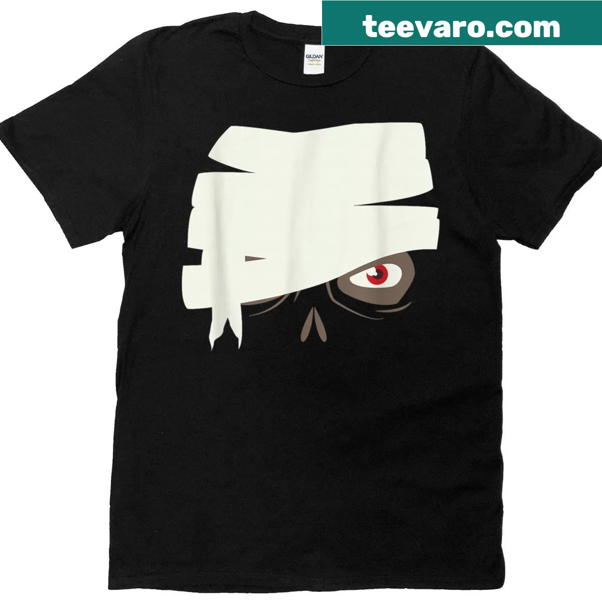 Funny Halloween t-shirt featuring a cartoon mummy face — on a men's t-shirt