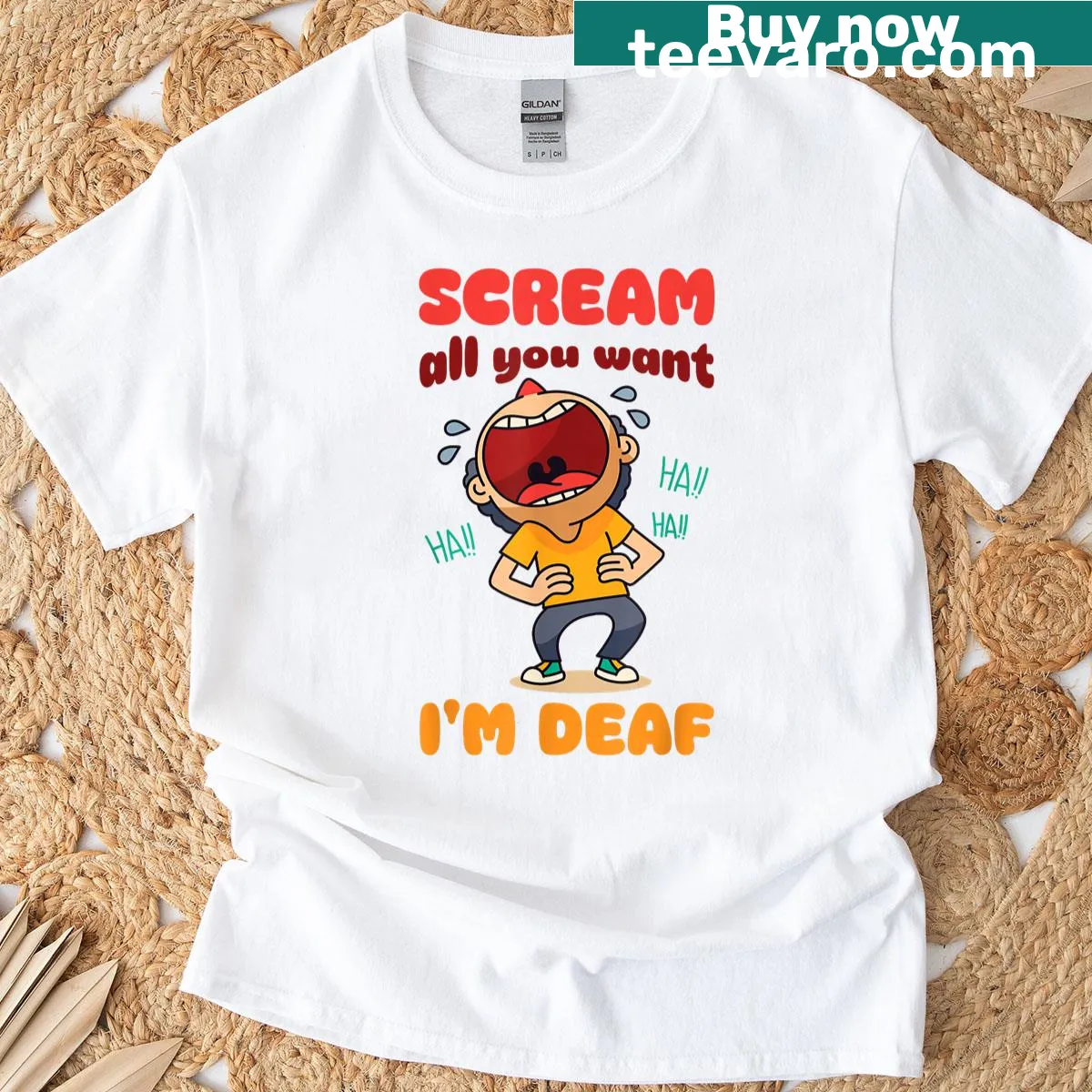 Sarcastic graphic T-shirt with deaf humor text — on a men's t-shirt