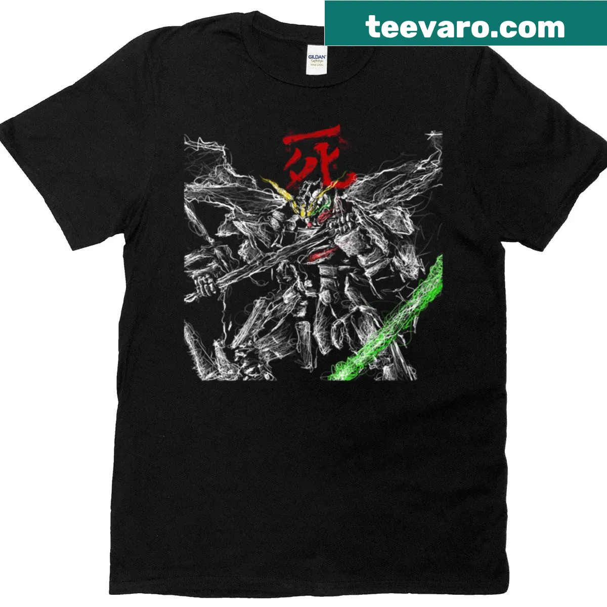 Edgy graphic of a Gundam and Grim Reaper on a t-shirt — on a men's t-shirt
