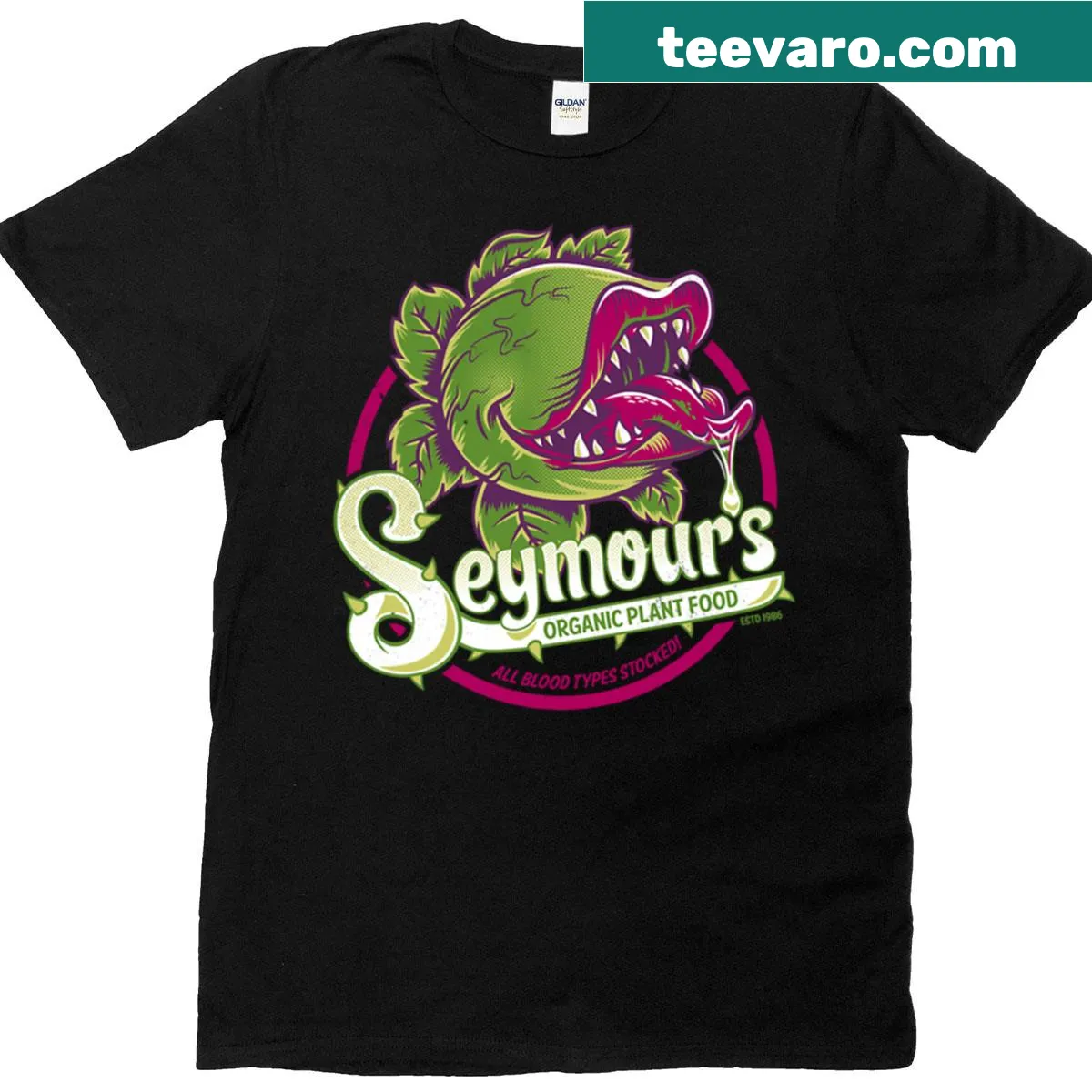 Vintage T-shirt with Seymour's plant food and musical theatre theme — on a men's t-shirt