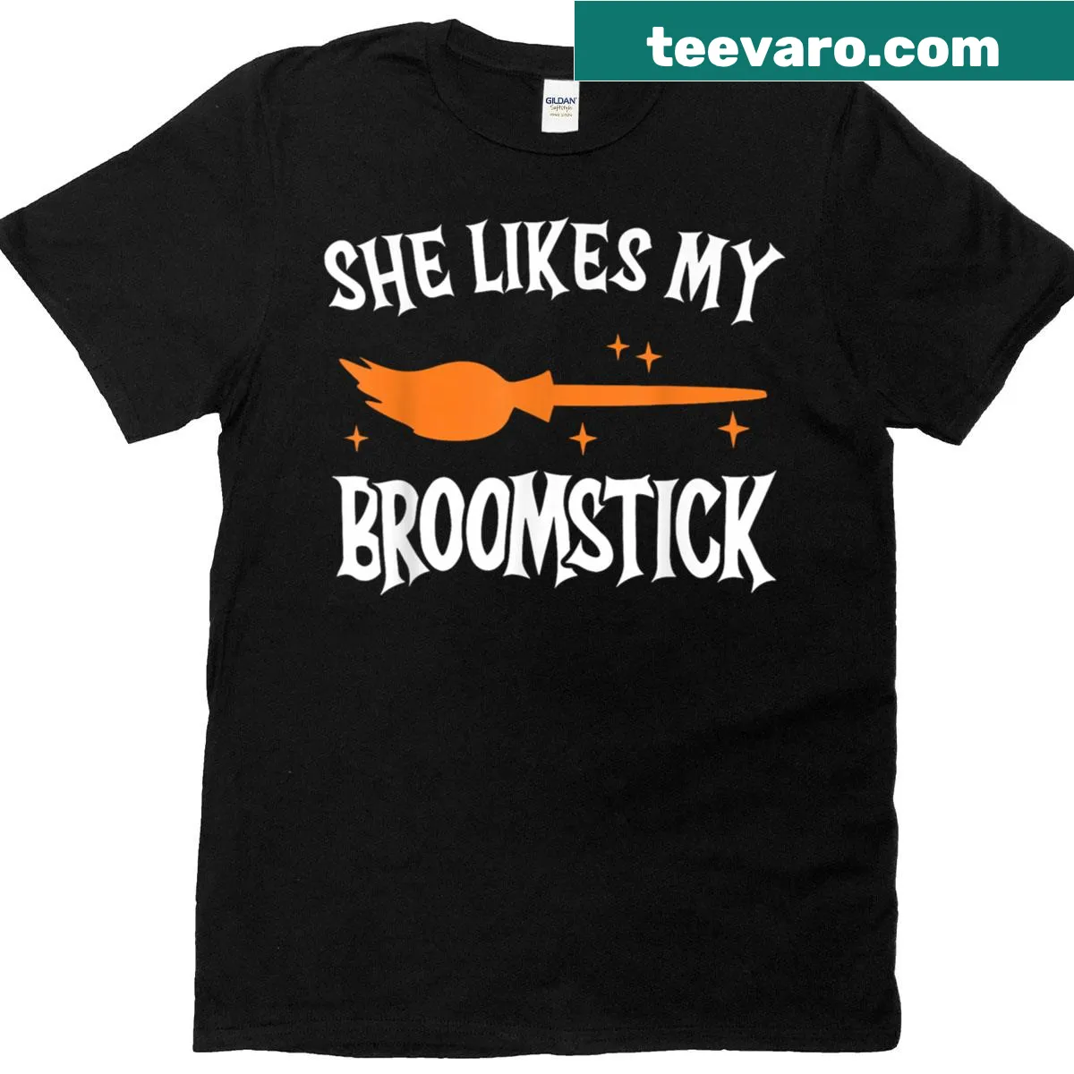 Couple matching Halloween T-shirts with broomstick and pumpkin designs — on a men's t-shirt