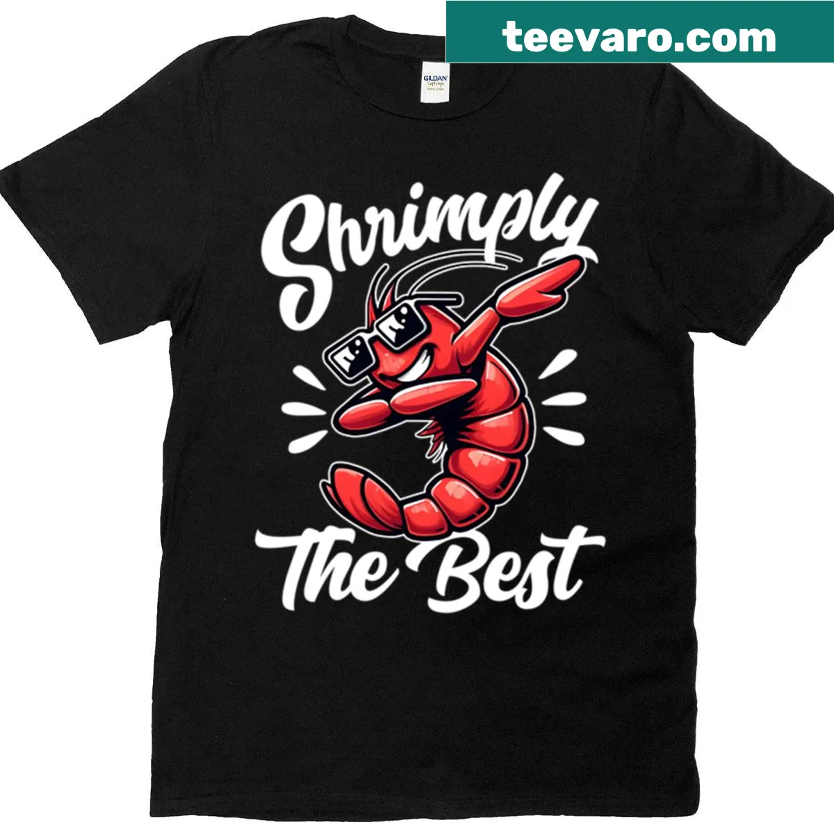 T-shirt with the pun 'Shrimply The Best' in fun typography. — on a men's t-shirt