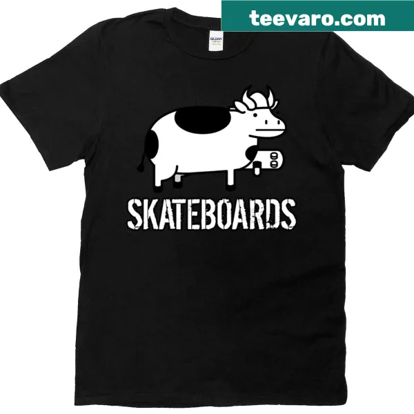 Illustration of a cow skateboarding on a playful T-shirt design