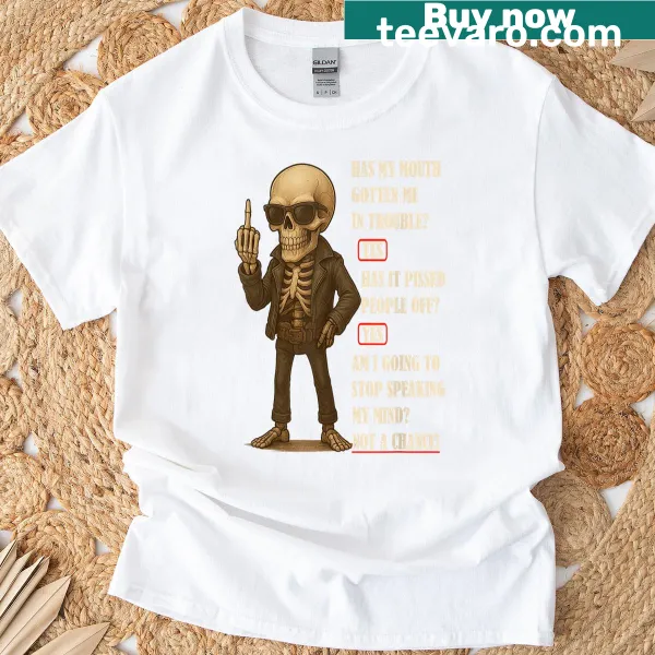 Skeleton graphic with humorous text on a t-shirt