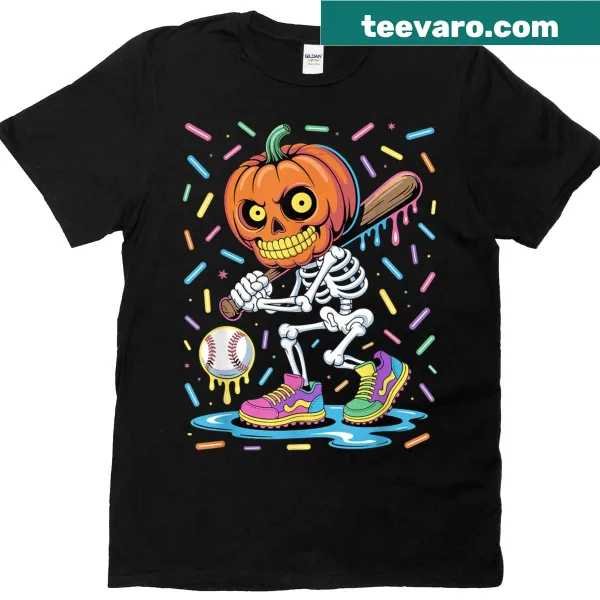Kids T-shirt with a cartoon skeleton playing baseball for Halloween