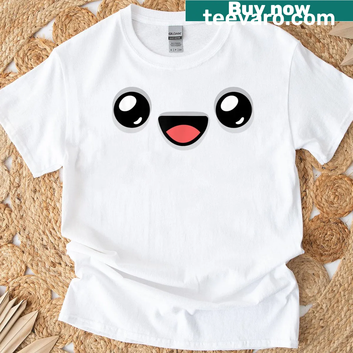 Happy jumping figure and smiling face graphic on a t-shirt — on a men's t-shirt