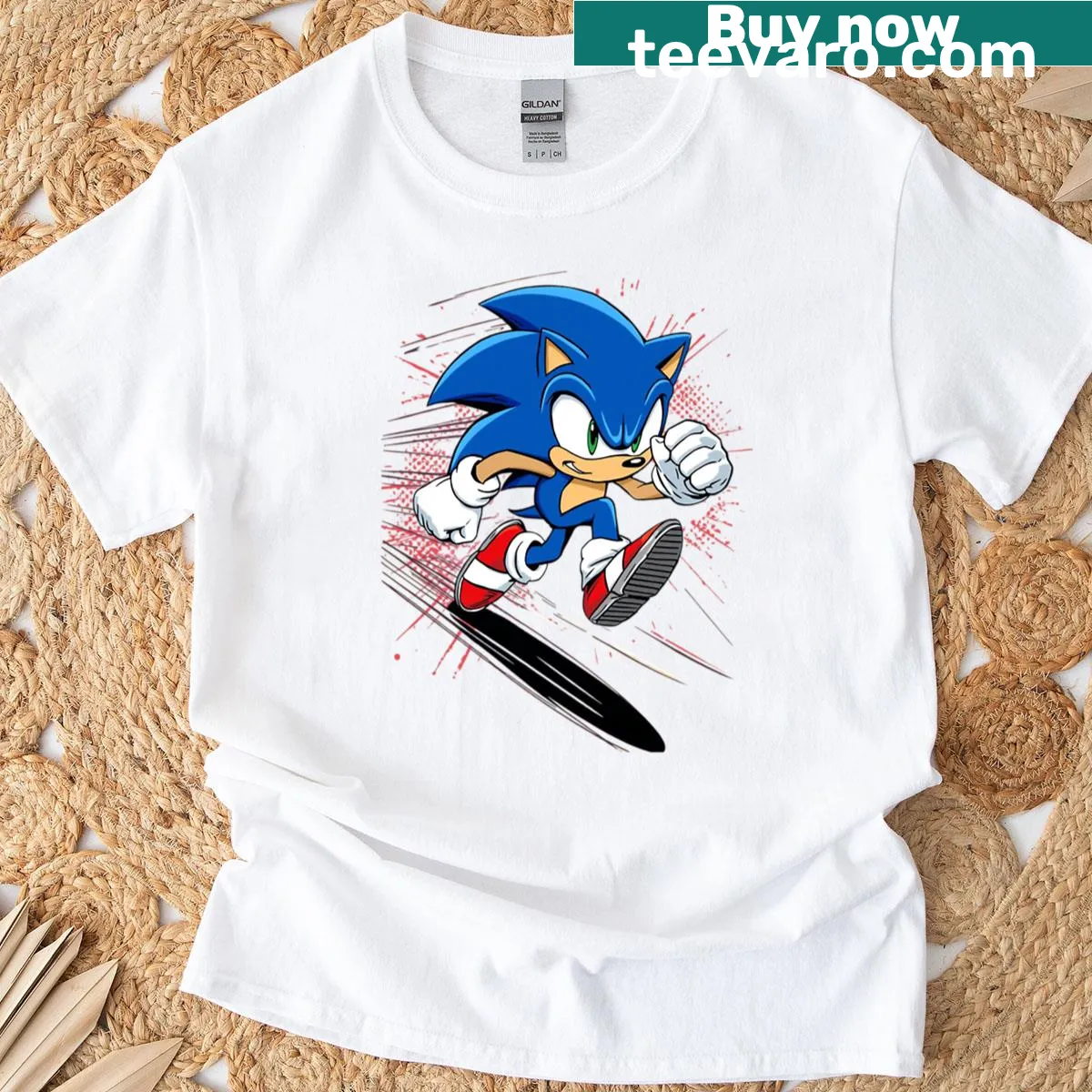 T-shirt featuring Sonic The Hedgehog in action — on a men's t-shirt