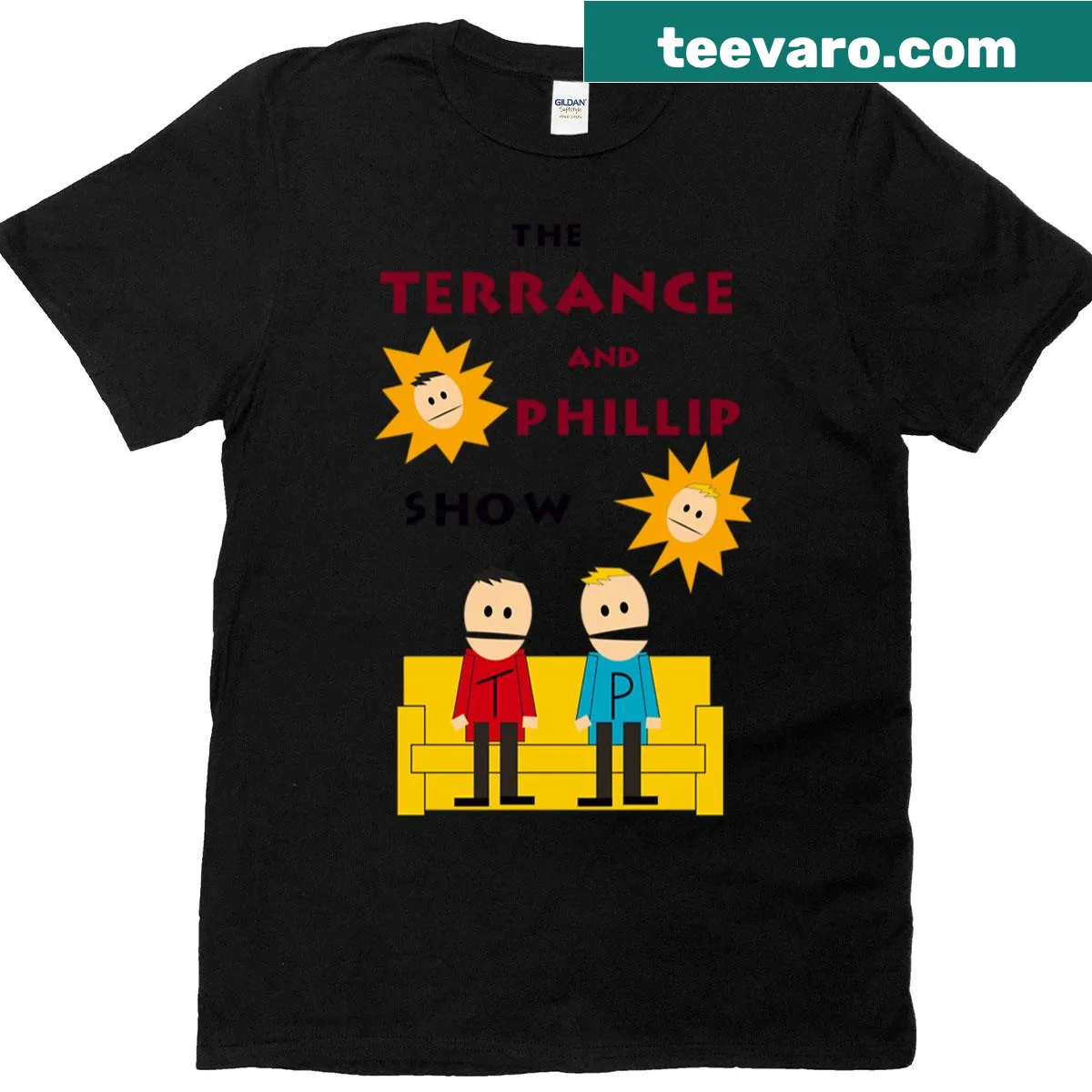 Playful T-shirt featuring Terrance and Phillip from South Park — on a men's t-shirt