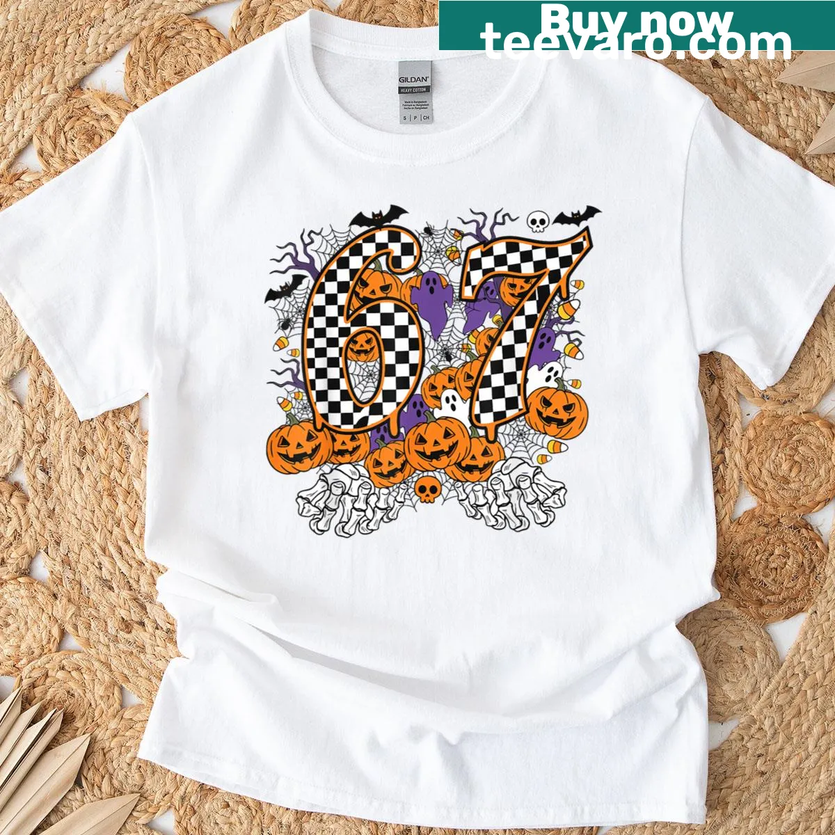 Halloween T-shirt with skeleton hands graphic — on a men's t-shirt
