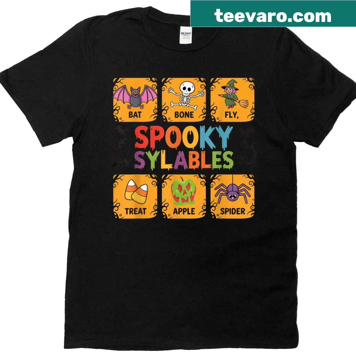 Funny reading teacher shirt with 'Spooky Syllables' text — on a men's t-shirt