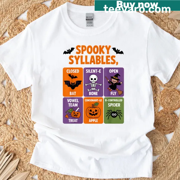 Funny Halloween educational kids t-shirt with spooky syllables