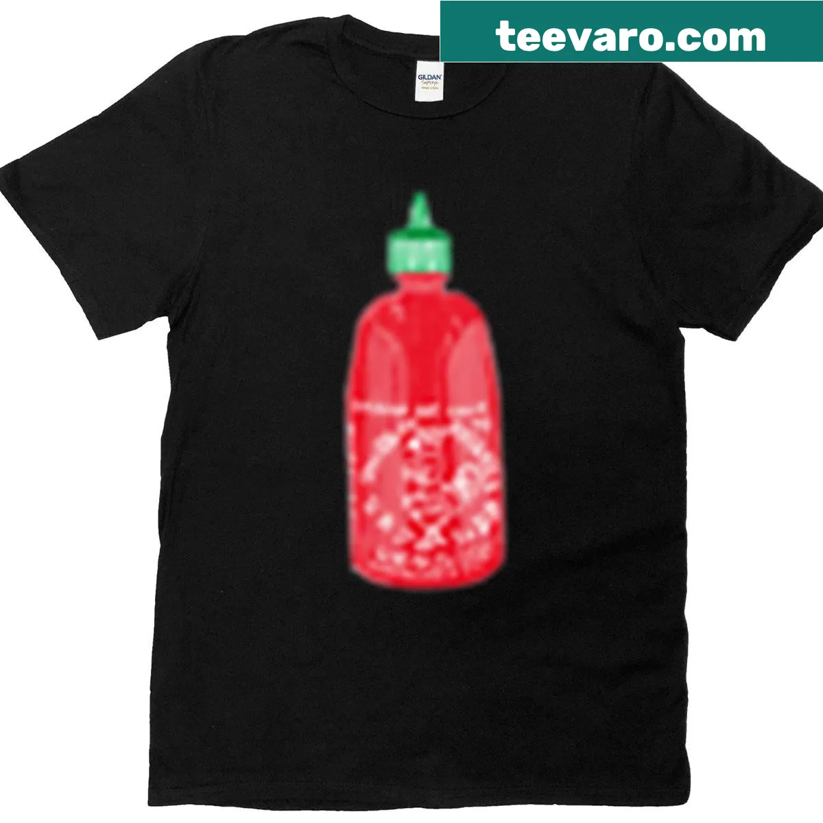 Graphic of a Sriracha bottle on a T-shirt — on a men's t-shirt