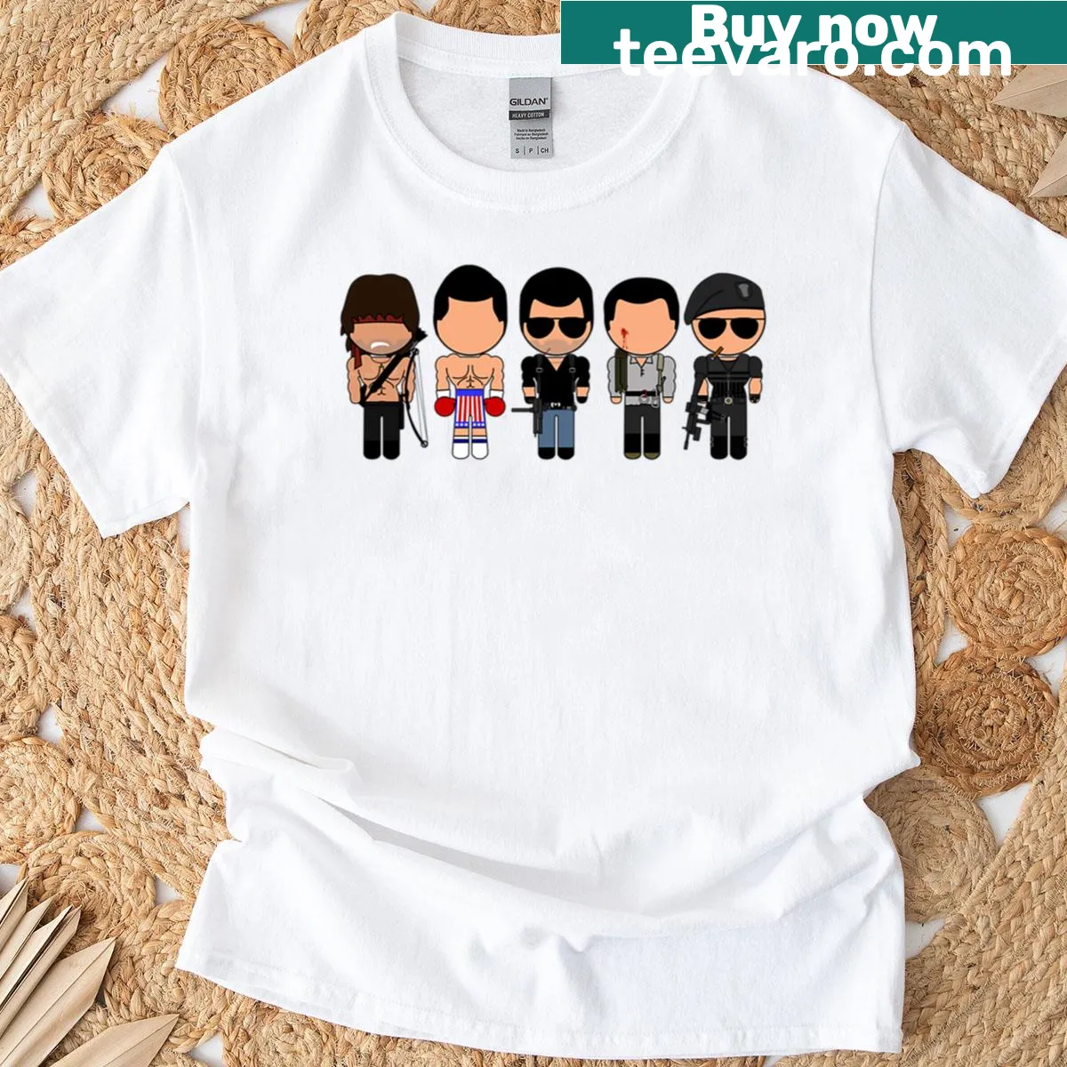 Vector graphic of Stallone's iconic roles on a T-shirt — on a men's t-shirt