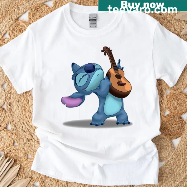Cartoon graphic of Stitch playing a guitar in a whimsical style