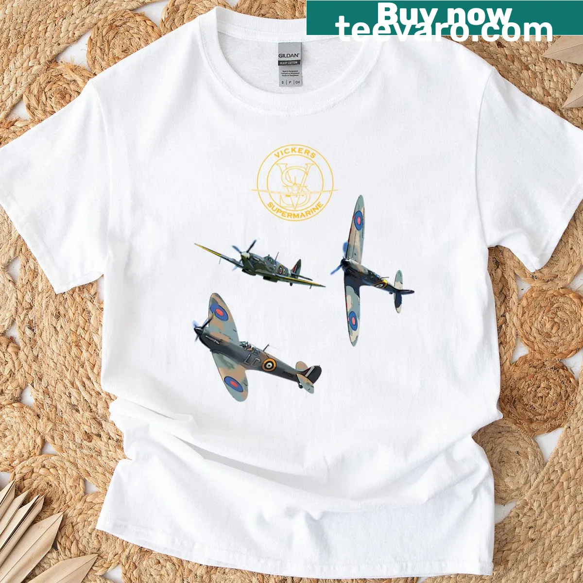 Cartoon graphic of the Supermarine Spitfire on a t-shirt — on a men's t-shirt