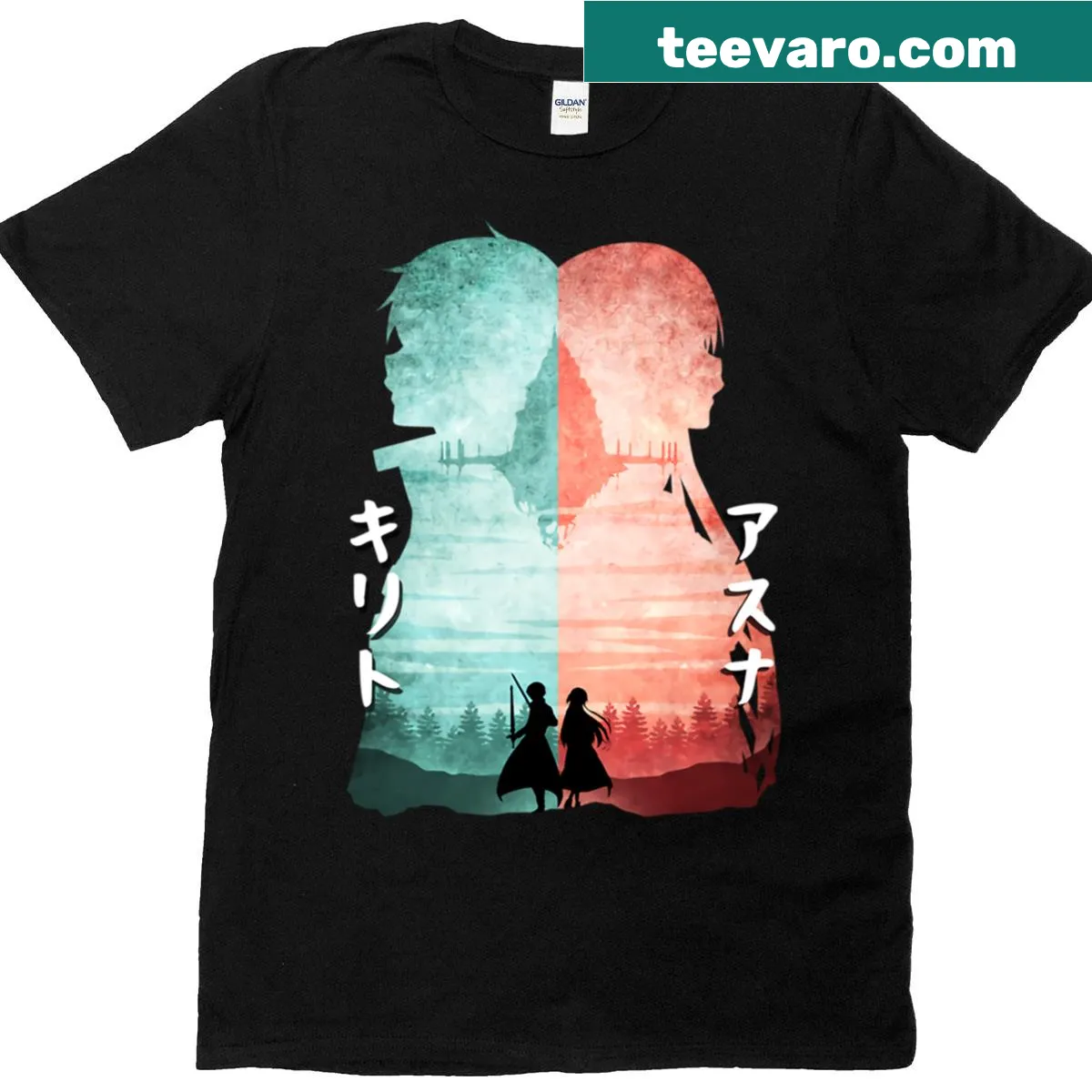 Minimalist silhouette T-shirt featuring Kirito and Asuna from Sword Art Online — on a men's t-shirt